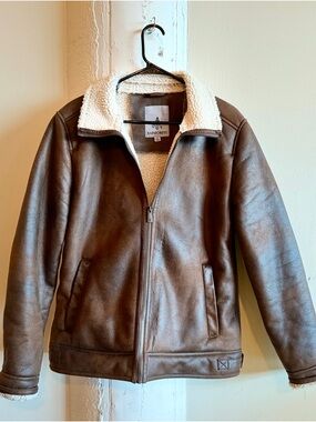 RAINFOREST Brown Faux-Leather Puffer Jacket with Cream Sherpa Collar